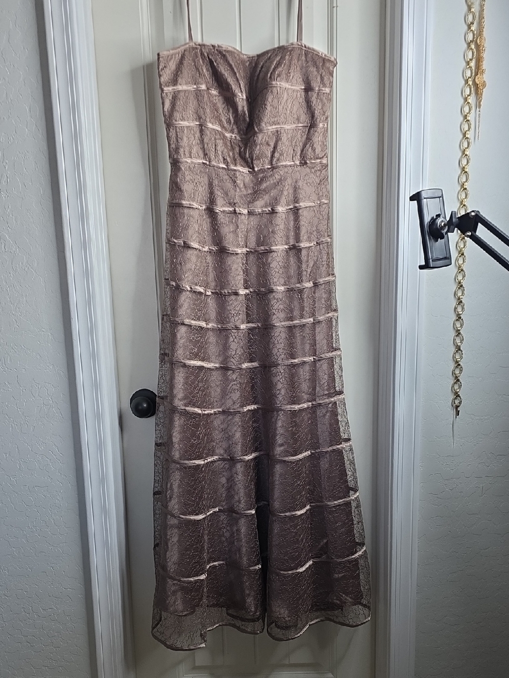 JS Collections Strapless Taupe Lace Tiered Gown